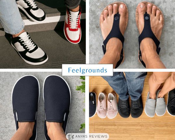 Feelgrounds Collage of four photos show seaside sandals, slip on drop top, court sneakers, and low top lace ups all made with vegan materials from one of the best barefoot shoe brands