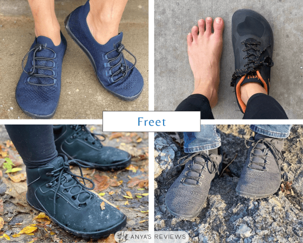 Freet Barefoot four photo collage of one of the best versatile affordable barefoot shoe brands for kids and adults showing casual and hiking options from Freet all on a flexible extra wide sole