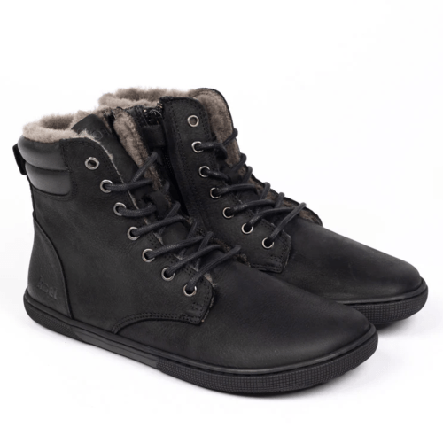 Stock photo of Koel Florence barefoot black lace up leather boots with cozy warm lining