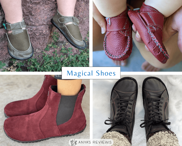 A 4 photo collage of Magical Shoes, one of the all time best barefoot shoe brands for all ages, showing different baby, toddler, and adult styles for all seasons