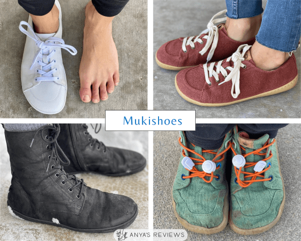 Mukishoes Collage showing a range of kids and adults styles from one of the top barefoot shoe brands all made sustainably in Europe