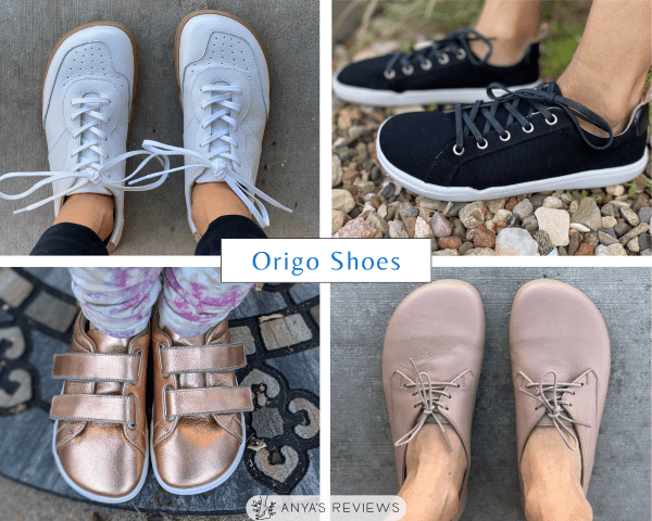 All time best barefoot shoe brand Origo Shoes collage showing affordable and stylish Retro adult sneakers, gold kids shoes, women's Derby barefoot oxfords