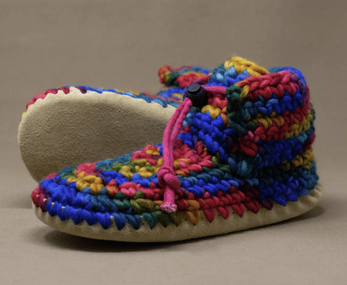 Wool Padraig Cottage leather bottom slippers made in canada from colorful yarn