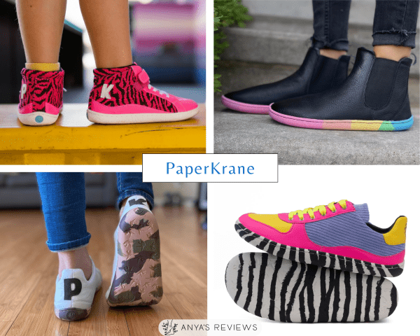 PaperKrane collage of four colorful funky barefoot shoes for kids and adults