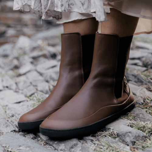 stock photo of Shapen Victory barefoot chelsea boot in brown leather