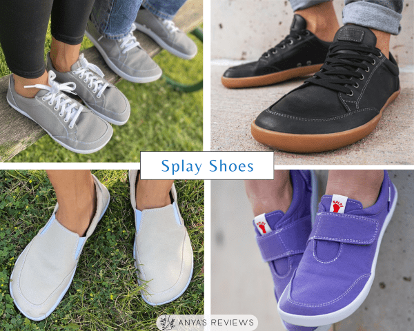 Splay Shoes collage of four sneakers including kids velcro, adult leather and canvas lace up sneakers.