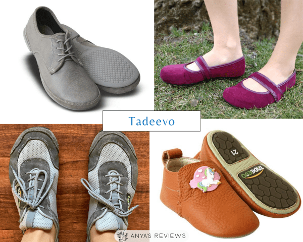 Tadeevo barefoot shoe collage showing adult dress shoes, athletic running shoes, and toddler shoes, all barefoot on super flexible soles with an extra wide high volume fit