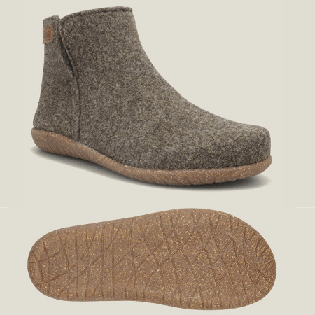 Side angled view and outsole of Taos Wool wide toe box boots with removable supportive insole for transitioning to barefoot shoes