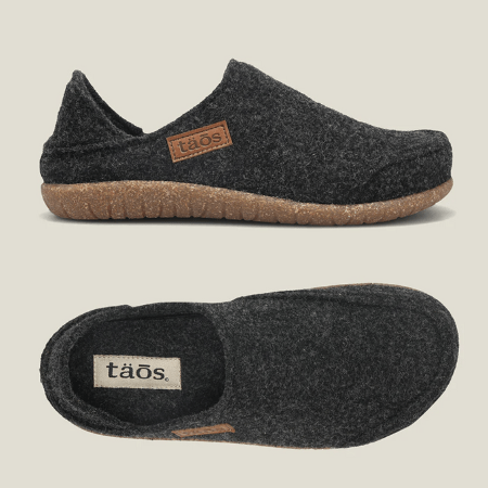 Top down and side view of Taos Wool clogs with collapsible heel for easy on/off, and wide toe box to prevent bunions