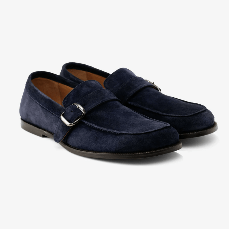 Stock image of Tomas Sullivent navy dress loafers with faux heel