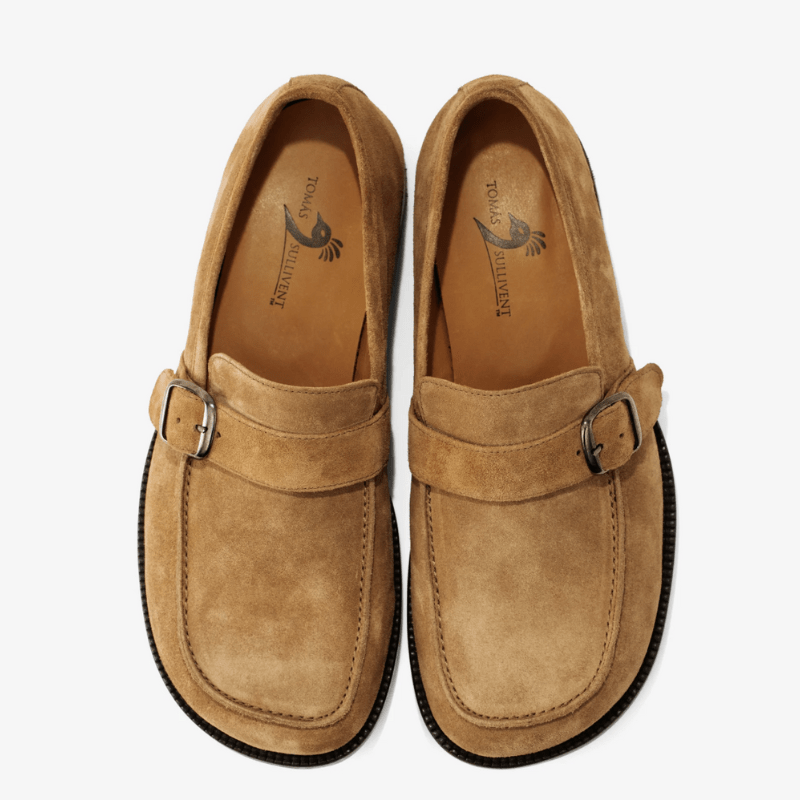 Top down stock image of light brown suede zero drop wide toe box loafers from Tomas Sullivent