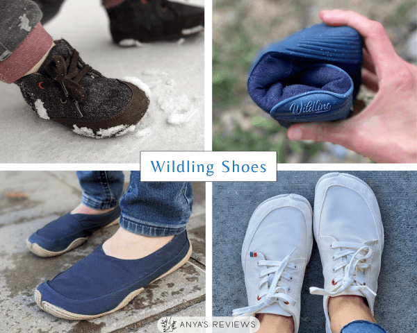 A four photo collage of different Wildling Shoes, showing the range of styles for all seasons including toddler boots, lace up sneakers, and slips on made from the lightest materials with a very flexible sole. Wildling Shoes is one of the best all time barefoot shoes brands