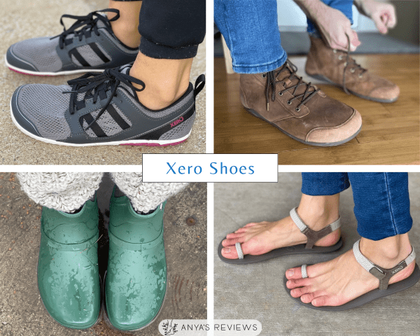 Xero Shoes Collage of 4 different affordable barefoot shoe styles including Gracie rain boots, Jessie sandals, athletic sneakers, and men's boots