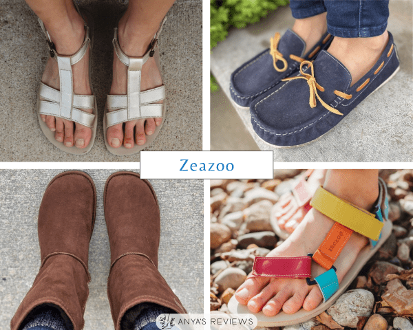 Zeazoo, one of the best all time barefoot shoe brands for kids and adults. A collage featuring sandals, slip on shoes, and sheepskin Dingo boots all on a lightweight flexible anatomical shaped outsole